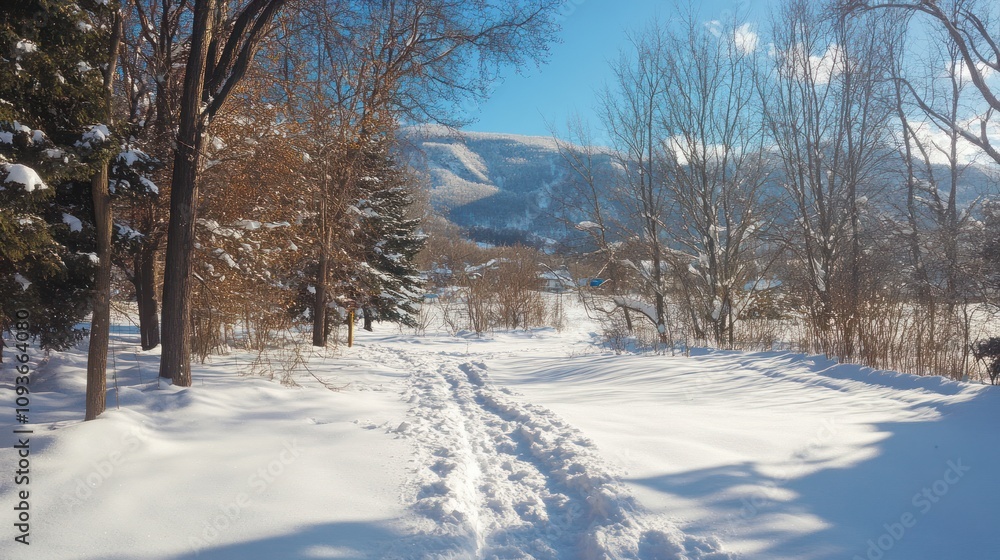 A snowy path through a winter forest with mountains in the background. A snowy path through a winter forest with mountains in the background.