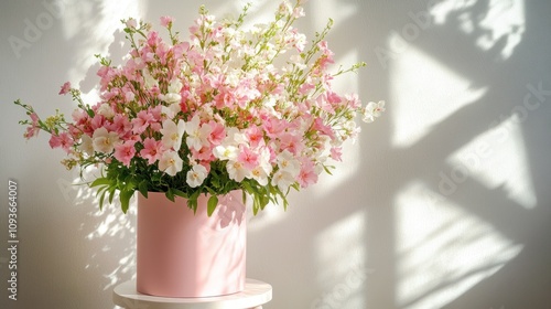 A bouquet of pink and white flowers in a pink pot on a white stand with sunlight streaming through a window.