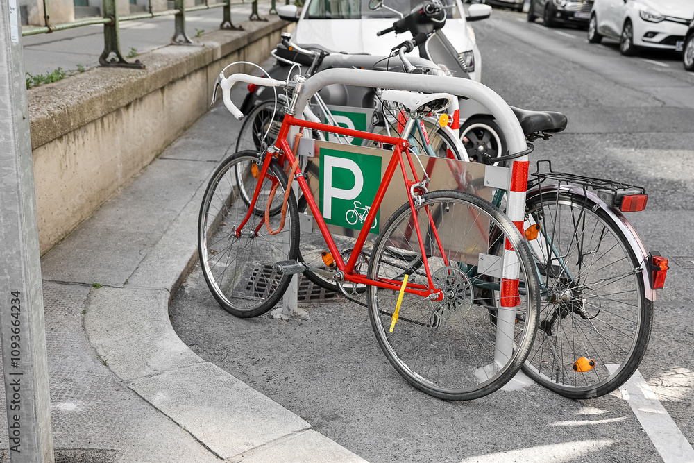 Modern bicycles parked on city street Modern bicycles parked on city street