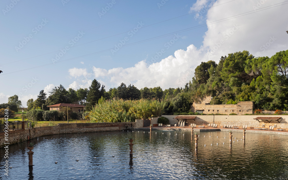 outdoor thermal baths during the morning in venturina terme tuscany outdoor thermal baths during the morning in venturina terme tuscany