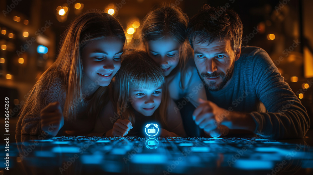 A family celebrating secure online interactions with glowing security icons over their connected devices