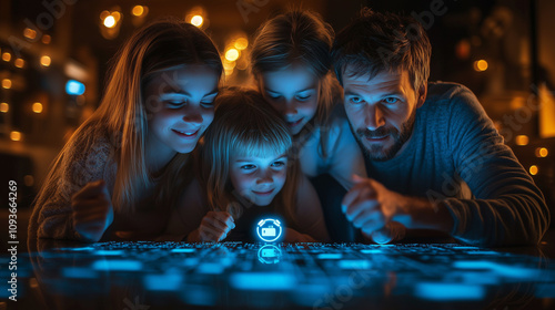 Obraz na płótnie A family celebrating secure online interactions with glowing security icons over their connected devices w salonie