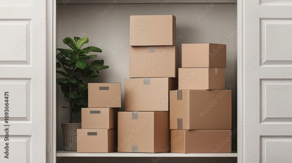 Cardboard boxes packaging stackable concept. Neatly Stacked Boxes of Various Sizes in a Closet
