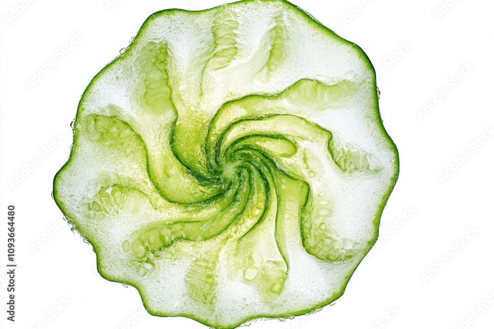 A swirling, abstract pattern created by a sliced cucumber submerged in water. A swirling, abstract pattern created by a sliced cucumber submerged in water.