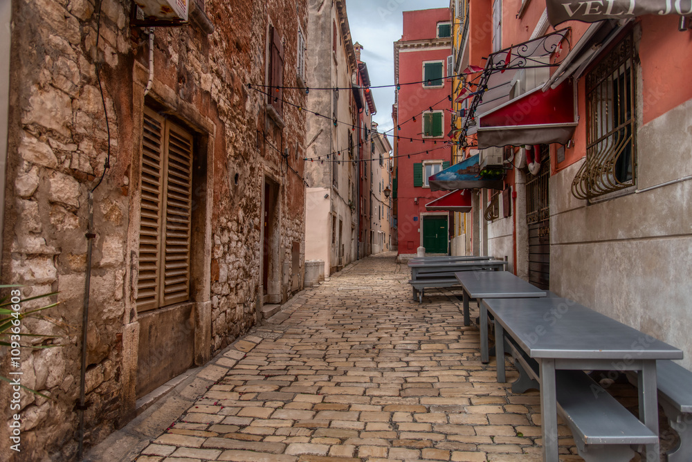 Fototapeta premium Beautifully landscaped streets and small squares in Rovinj, Istria, Croatia