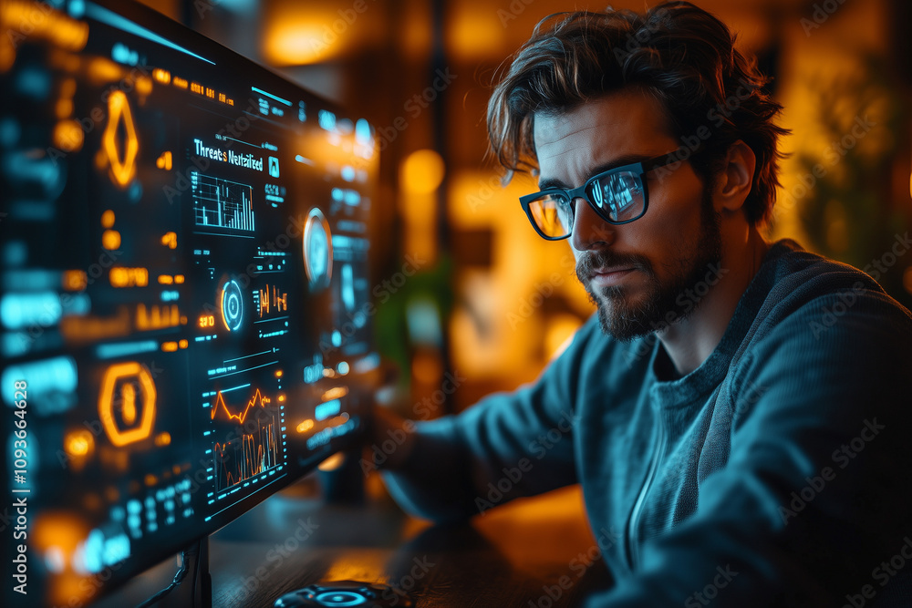 A cybersecurity expert analyzing a dynamic dashboard with live updates and graphs indicating A cybersecurity expert analyzing a dynamic dashboard with live updates and graphs indicating