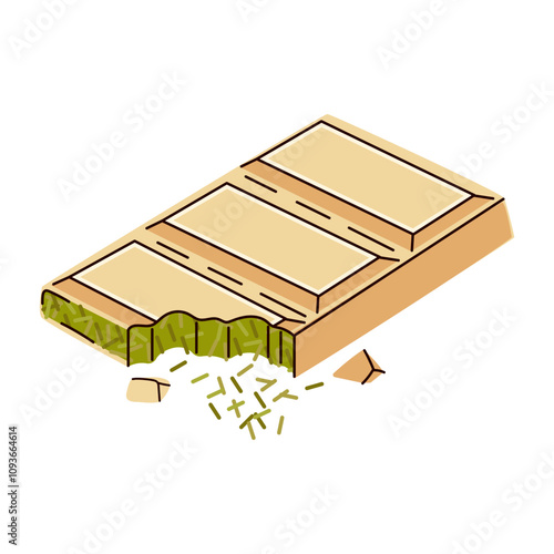 Sweet Dubai chocolate with pistachio and kataifi dough in white chocolate. Bar of chocolate with pistachio paste filling. Vector illustration of trending pistachio chocolate bars green filling flavor