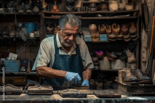 Artisan polishing leather shoes in traditional workshop minimalist style