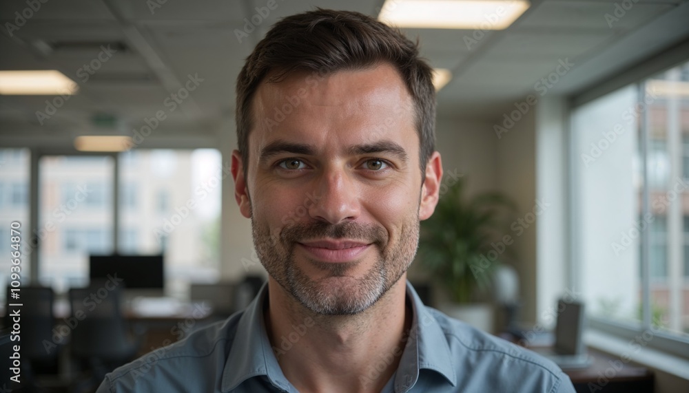 Close-up of a pleasant man in a shirt against the background of a bright office, a pleasant employee in the office Close-up of a pleasant man in a shirt against the background of a bright office, a pleasant employee in the office