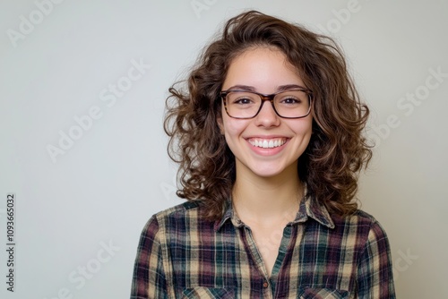 Portrait of a young woman with curly brown hair and glasses, smiling at the camera. She's wearing a plaid shirt.