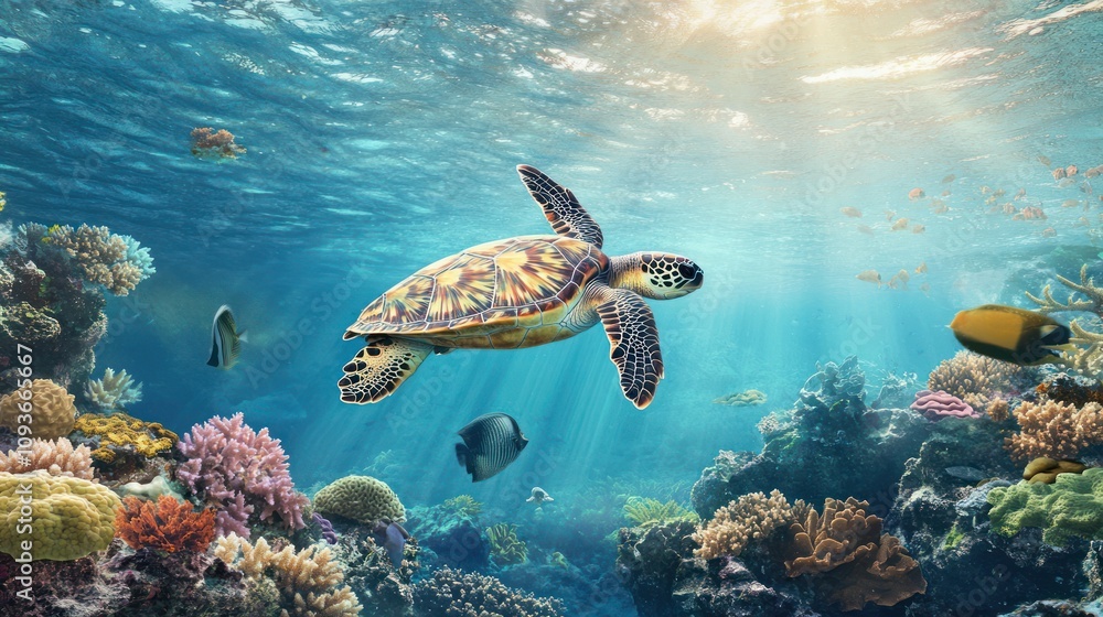 Fototapeta premium Sea Turtle Swimming Through Coral Reef