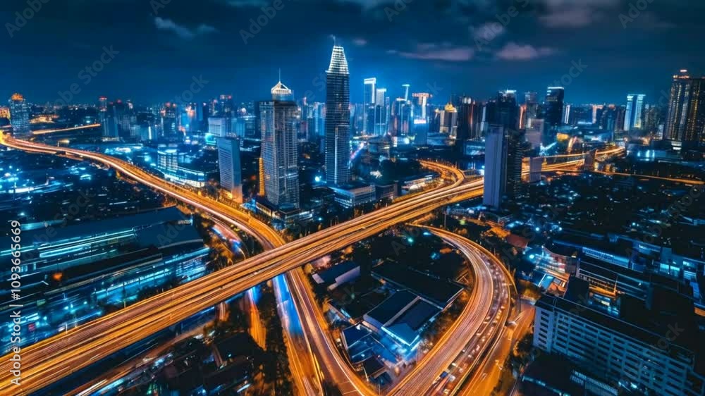 aerial view of modern city at night with traffic aerial view of modern city at night with traffic