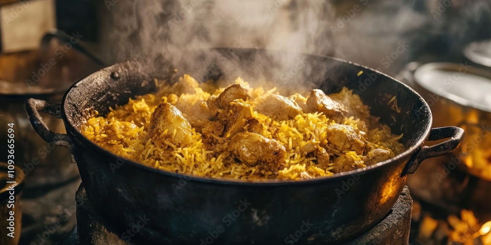 Close-up of a pot of steaming rice and chicken.