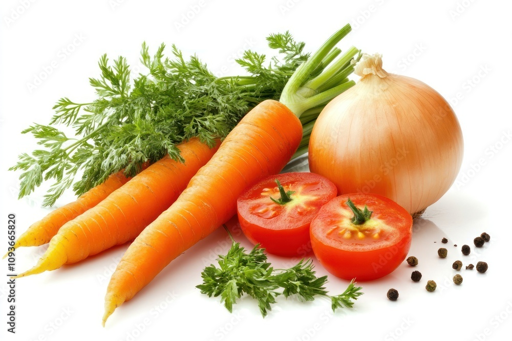 Fresh carrots, onion, tomatoes, and peppercorns on a white background. Fresh carrots, onion, tomatoes, and peppercorns on a white background.