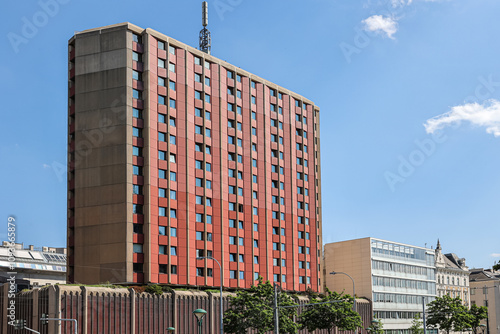 View of red multi-storey bu...