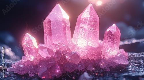 Shimmering pink crystals in natural light with mystical aura