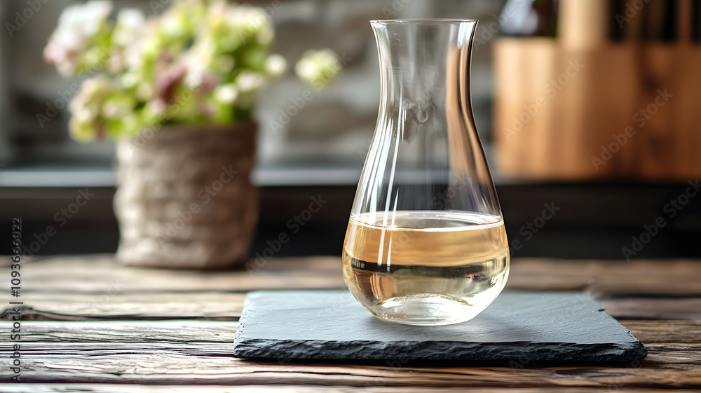 A clear glass carafe of chilled white wine on a minimalist slate platter. A clear glass carafe of chilled white wine on a minimalist slate platter.