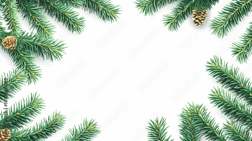 gałęzie sosny, białe tło, ilustracja wektorowa, ramka świąteczna, minimalistyczny styl, miejsce na tekst, prosty design, delikatne detale, ilustracja kartki świątecznej, bożonarodzeniowy motyw, płaska