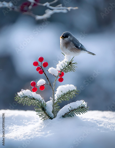 snowy winter scene small tree branch holding festive decorations like birds holly red berries amidst white snow photo