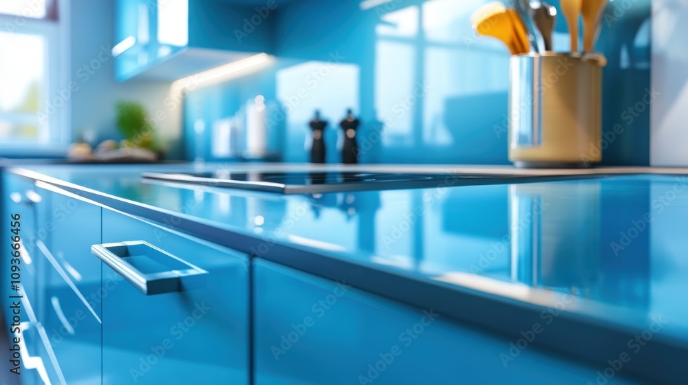 Close-up of a modern blue kitchen countertop with an induction hob, cupboard doors, and a chrome handle. Close-up of a modern blue kitchen countertop with an induction hob, cupboard doors, and a chrome handle.