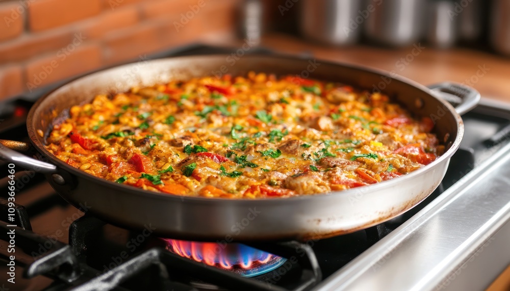 A close-up shot of a delicious looking paella dish simmering in a pan on a gas stove. A close-up shot of a delicious looking paella dish simmering in a pan on a gas stove.