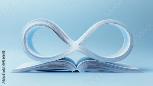 Open book with pages forming infinity symbol against blue background