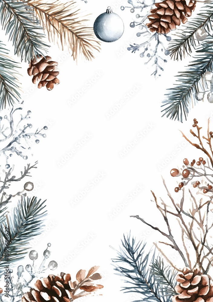 akwarela, ilustracja, zimowy klimat, gałęzie choinki, szyszki, jagody, dekoracje świąteczne, minimalistyczny design, neutralne kolory, białe tło, rustykalny styl, zimowy las, świąteczna ramka, delikat akwarela, ilustracja, zimowy klimat, gałęzie choinki, szyszki, jagody, dekoracje świąteczne, minimalistyczny design, neutralne kolory, białe tło, rustykalny styl, zimowy las, świąteczna ramka, delikat
