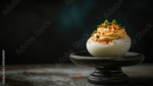 Deviled egg with paprika, garnished chopped green onions, on pedestal photo