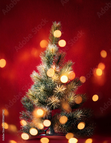 sparkle bokeh lights decorate christmas tree red canvas backdrop space happy new year greetings winter holiday text photo