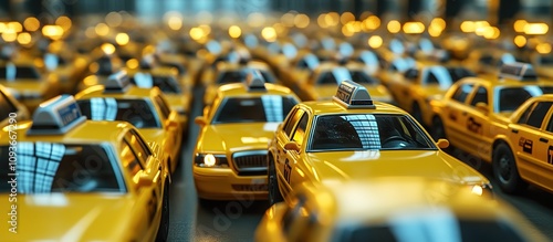 Row of yellow taxis parked in a city.
