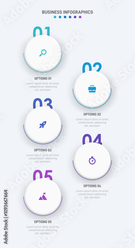 Vertical progress bar featuring 5 arrow-shaped elements, symbolizing the five stages of business strategy and progression. Clean timeline infographic design template. Vector for mobile presentation.