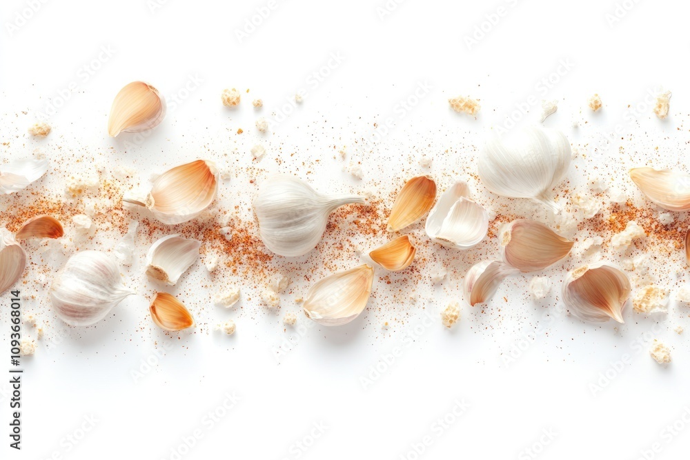 Fototapeta premium A line of garlic cloves, peels, and garlic powder on a white background.