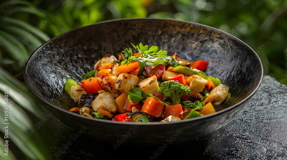 A colorful vegetable stir-fry served in a wok with a drizzle of soy sauce. A colorful vegetable stir-fry served in a wok with a drizzle of soy sauce.