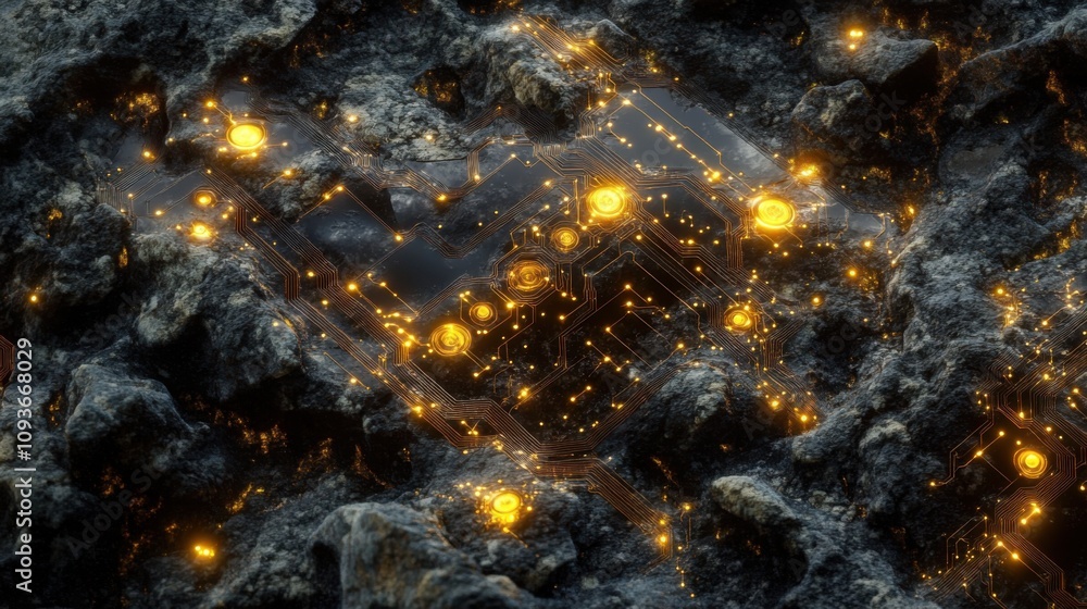 Glowing circuitry on rocky surface Glowing circuitry on rocky surface