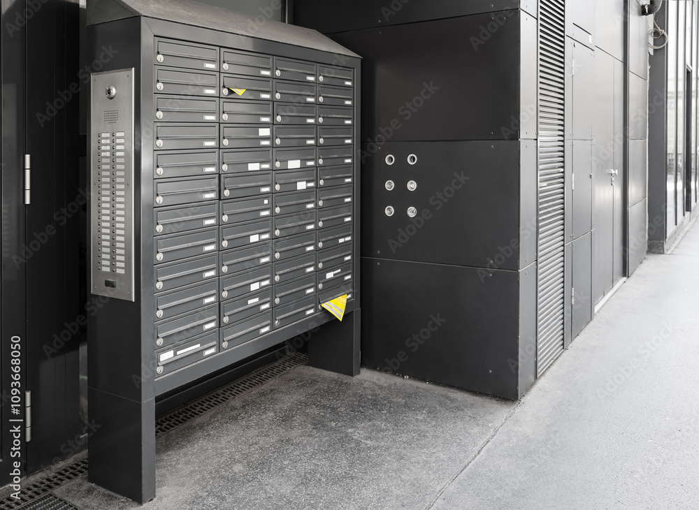 Black mailboxes in residential building Black mailboxes in residential building