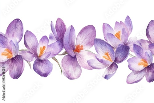 Watercolor seamless border with purple crocus flowers.