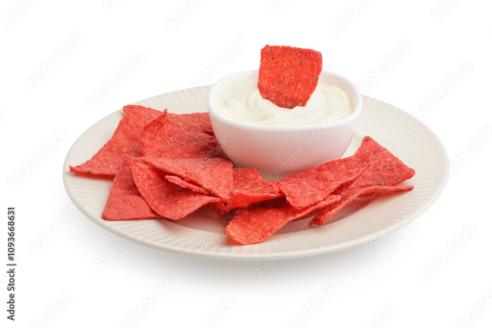 Plate with tasty red nachos and mayonnaise on white background Plate with tasty red nachos and mayonnaise on white background