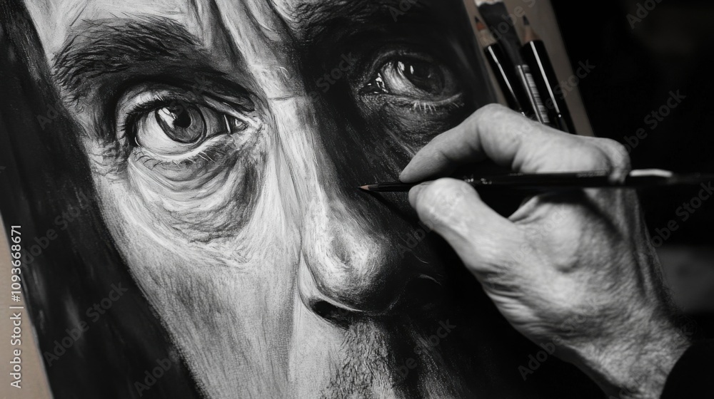 Close-up black and white portrait artist drawing Close-up black and white portrait artist drawing