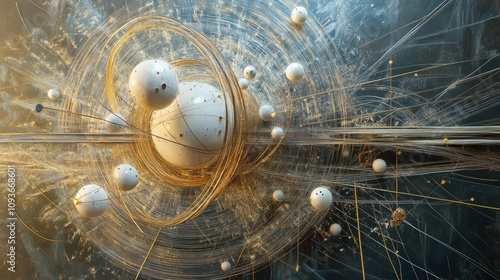 Abstract 3D rendering of a swirling galaxy with white spheres and golden lines.