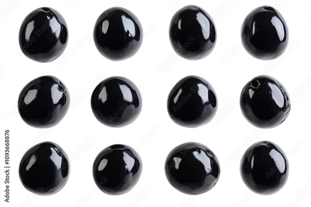 Twelve black olives arranged in a 3x4 grid on a white background. Twelve black olives arranged in a 3x4 grid on a white background.