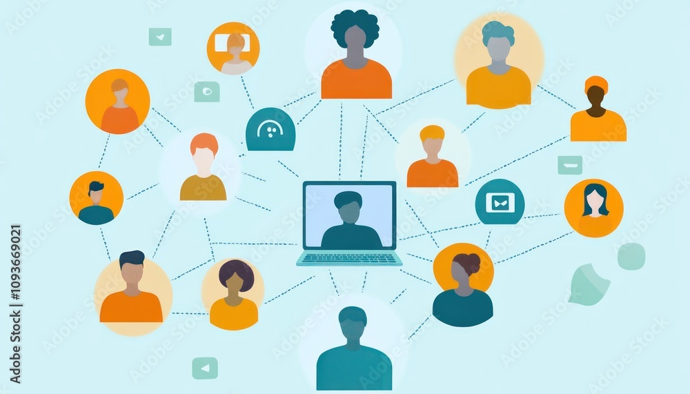 A network of people connected to a laptop screen, symbolizing online communication and collaboration. A network of people connected to a laptop screen, symbolizing online communication and collaboration.