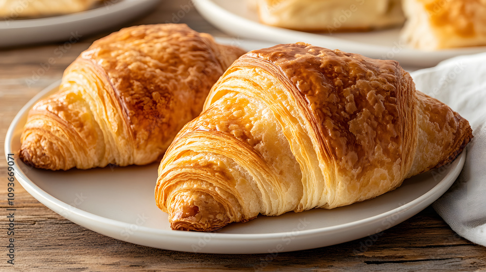 A classic French croissant with golden flaky layers served on a white plate. A classic French croissant with golden flaky layers served on a white plate.