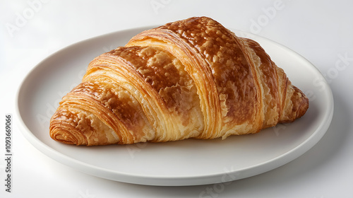 A classic French croissant with golden flaky layers served on a white plate.