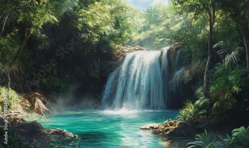 A beautiful waterfall flowing into turquoise pools amidst lush greenery.