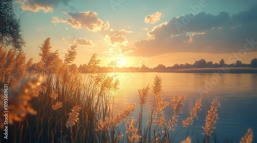 Tranquil sunset over lake with golden reeds and serene horizon photo