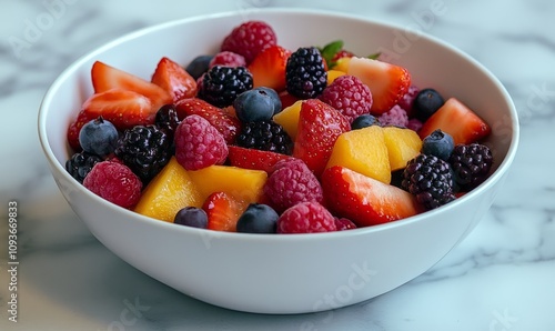 A bowl of fresh berries and fruit slices artistically arranged