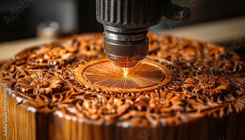 Laser Cutting Machine Carving Intricate Floral Design into Wooden Surface