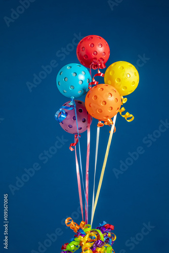 Colorful Pickleball balloons  on a blue background with ribbons-  group with Red, Blue, Yellow, Orange and Purple Pickleball Balloons.