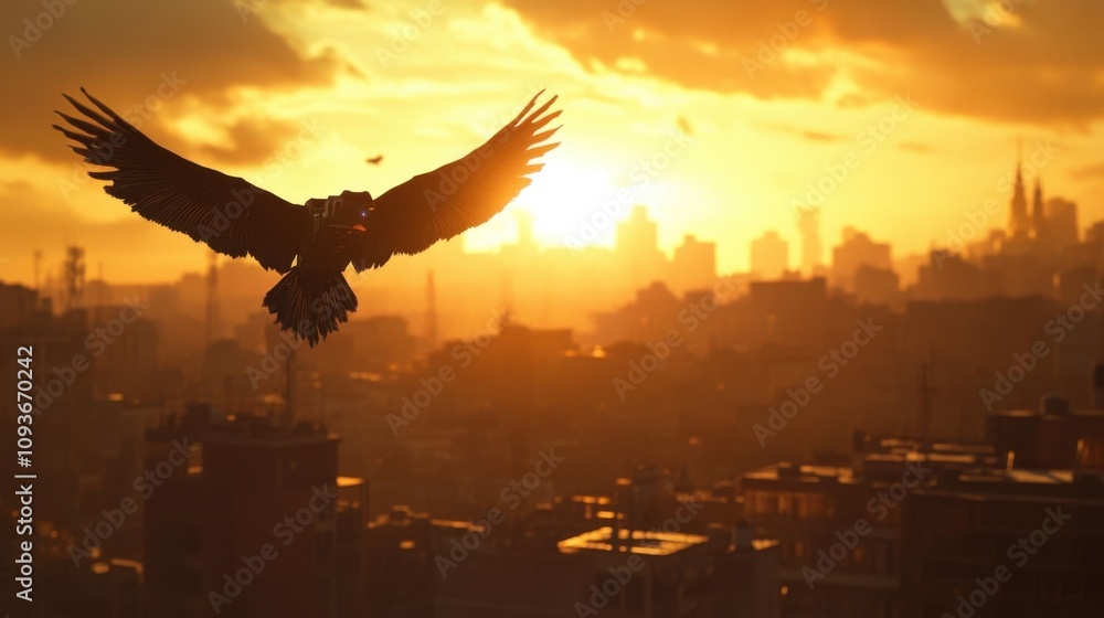 Obraz premium Bird flying at sunset over city