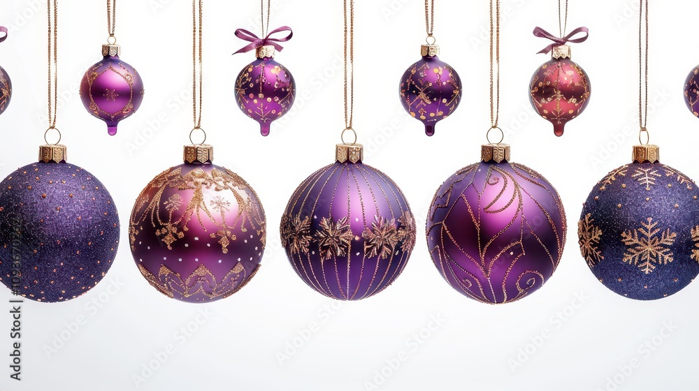 hanging purple and gold Christmas ornaments with ribbons, snowflakes hanging purple and gold Christmas ornaments with ribbons, snowflakes